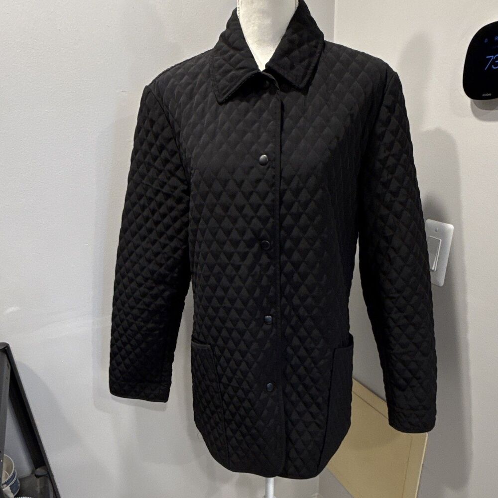 Talbots Womens Black Quilted Snap Front Mid-Length Jacket Coat Size M